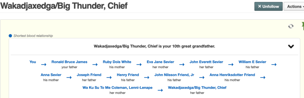 11th. Great Grandfather, Wakadjaxedga/Big Thunder Chief of Shawnnee Big Thunder (Lenni-Lenape), Chief